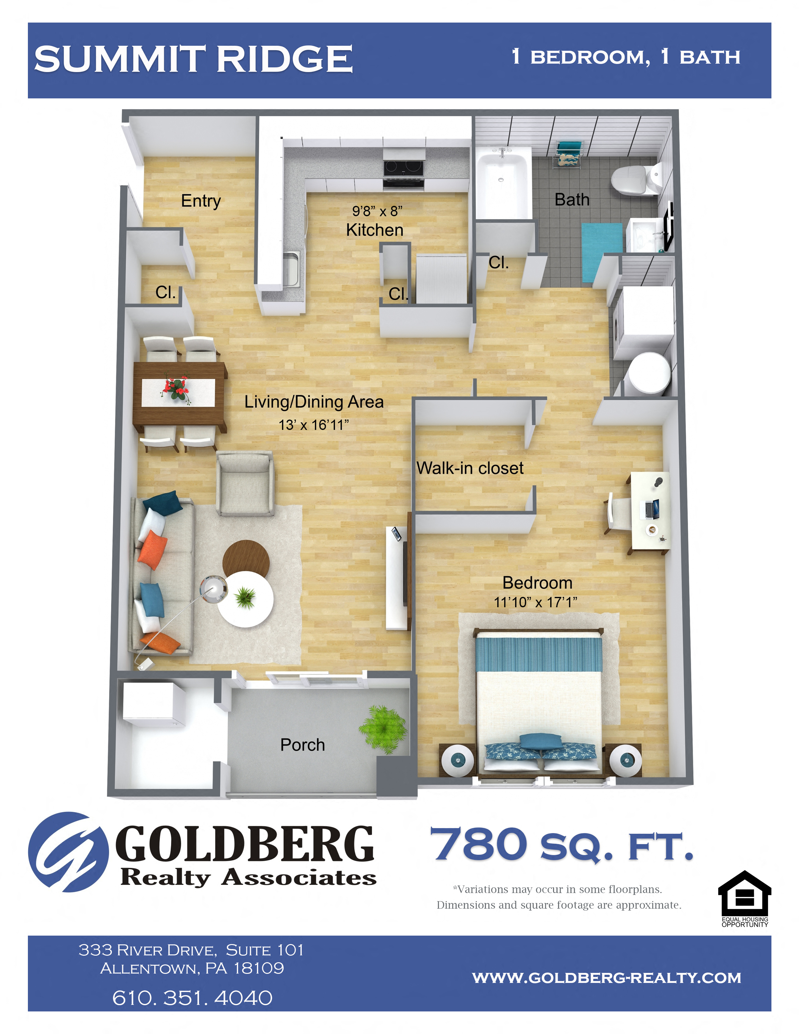 Floor plan for 1 bed, 1 bath, 780 sqft